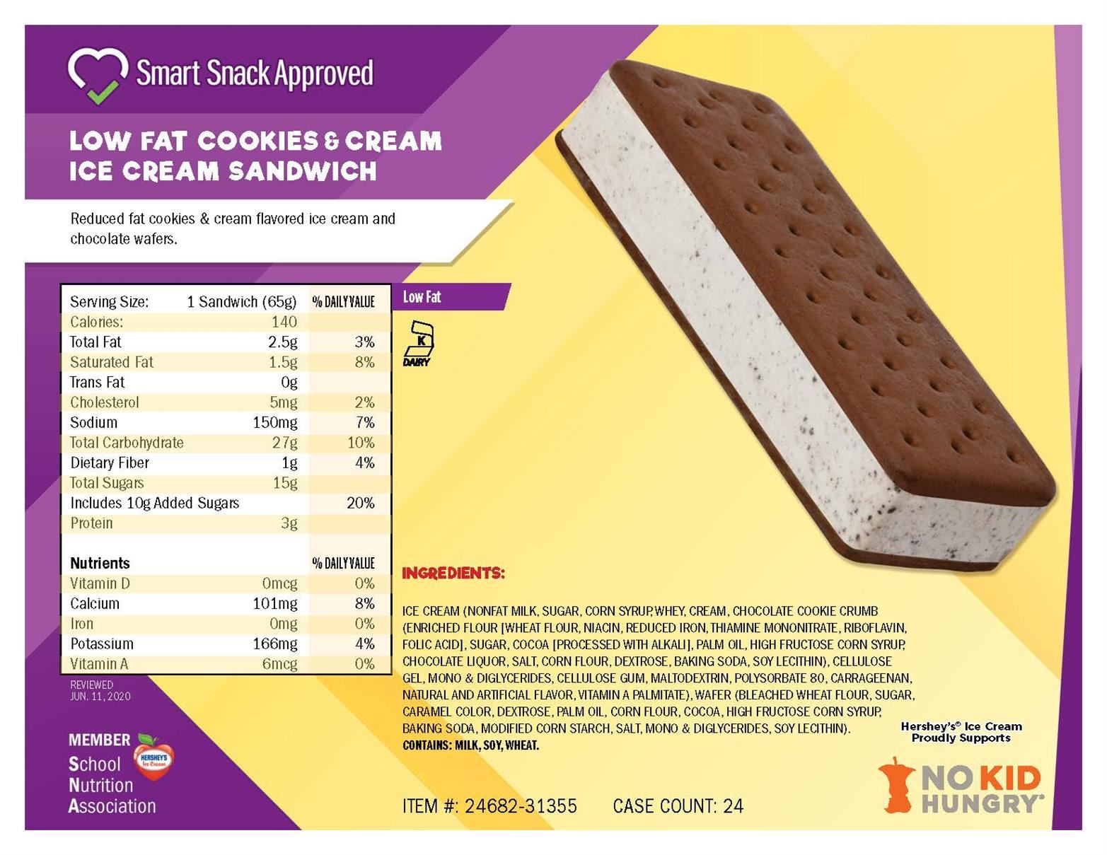  LOW FAT COOKIES & CREAM ICE CREAM SANDWICH see link for additional pdf file of nutritional values